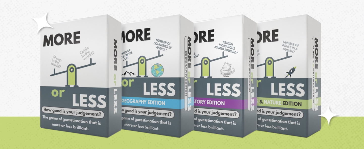 More or Less Card Game Bundle of 5 - Original / Geography / History / Science & Nature & Sport! Over 1,500 Questions