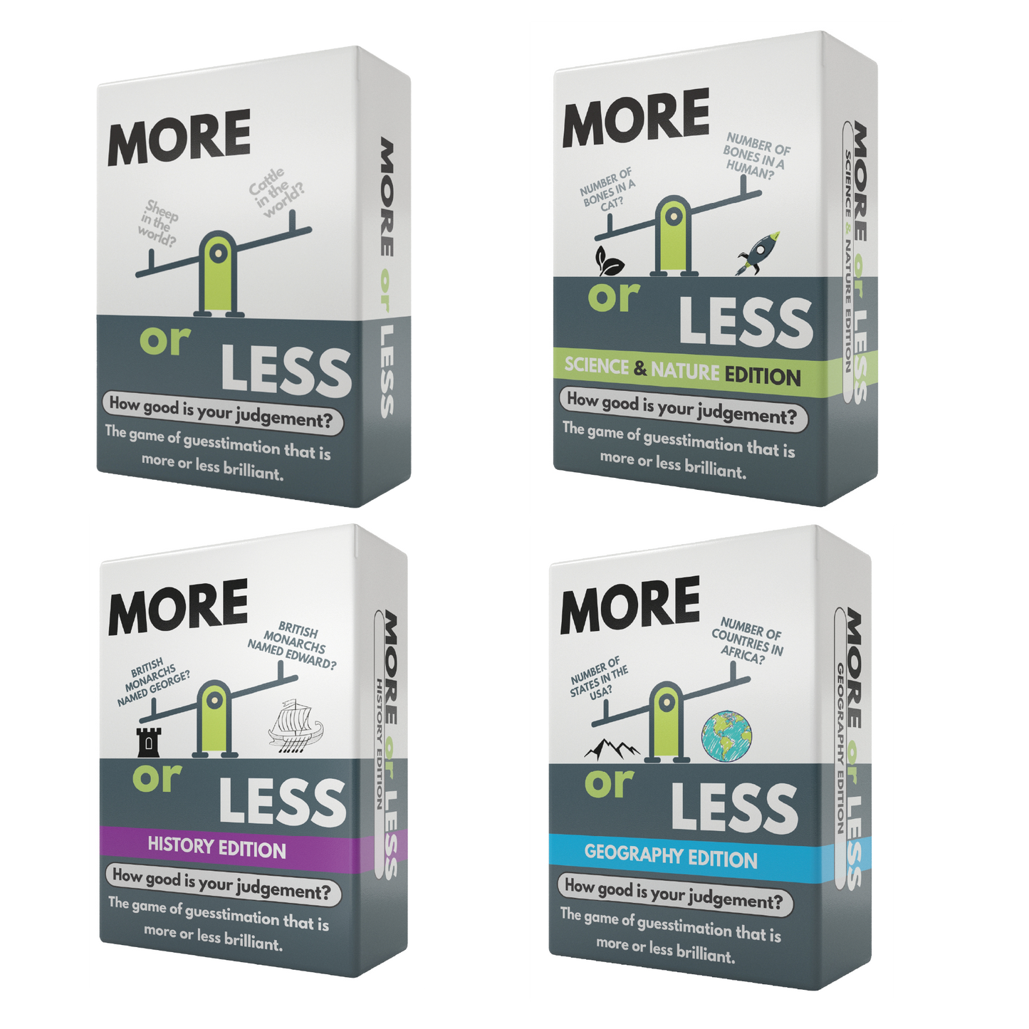 More or Less Card Game Bundle of 4 - Original / Geography / History / Science & Nature