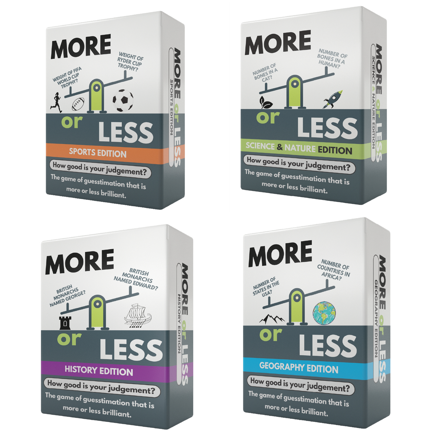 More or Less Card Game Bundle of 4 - Sports / History / Geography / Science & Nature