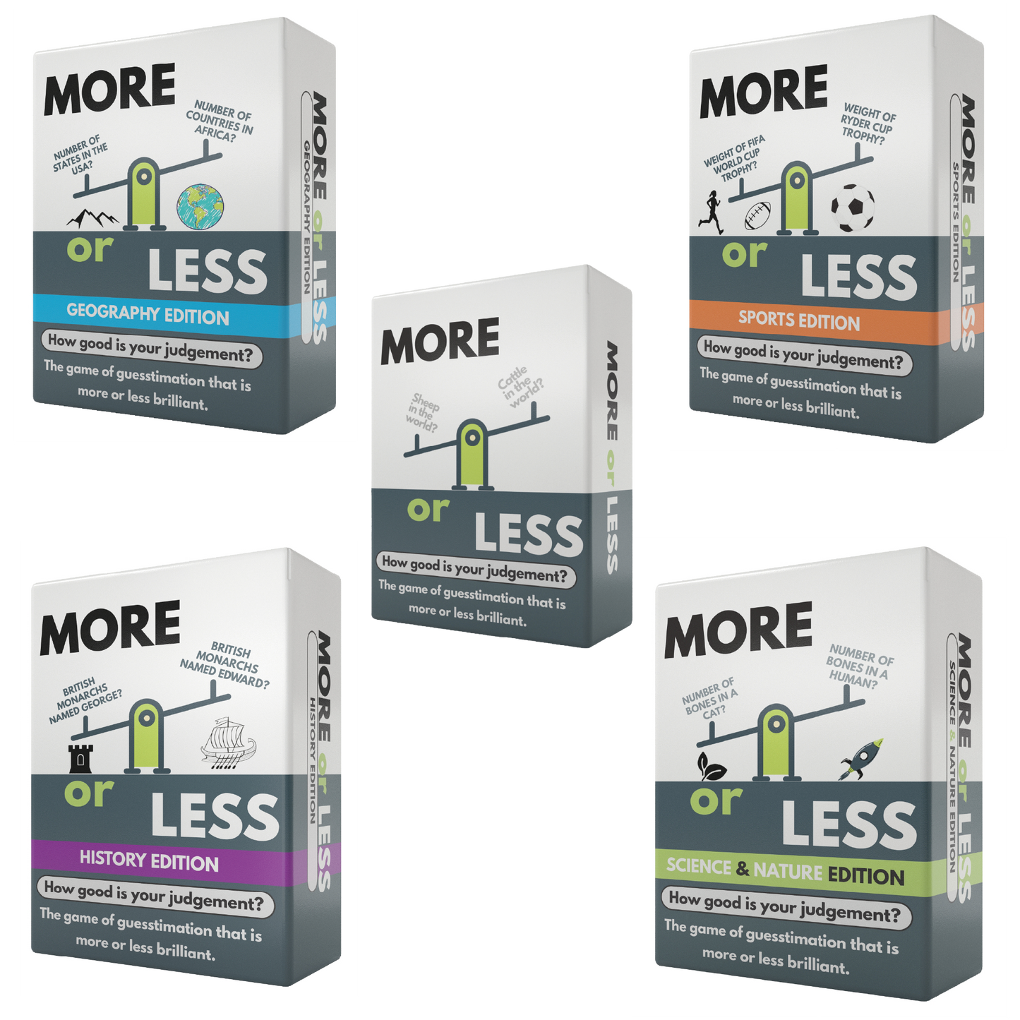 More or Less Card Game Bundle of 5 - Original / Geography / History / Science & Nature & Sport! Over 1,500 Questions