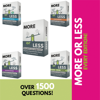 More or Less Card Game Bundle of 5 - Original / Geography / History / Science & Nature & Sport! Over 1,500 Questions