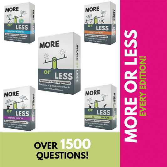 More or Less Card Game Bundle of 5 - Original / Geography / History / Science & Nature & Sport! Over 1,500 Questions