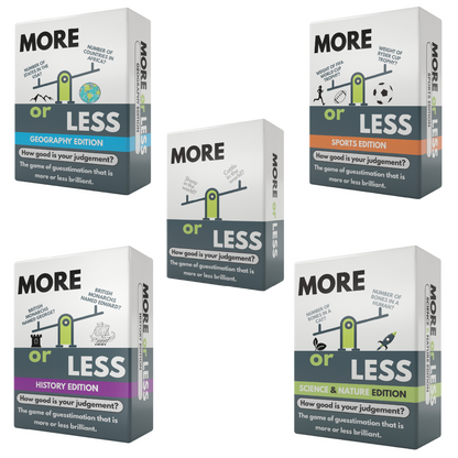More or Less Card Game Bundle of 5 - Original / Geography / History / Science & Nature & Sport! Over 1,500 Questions